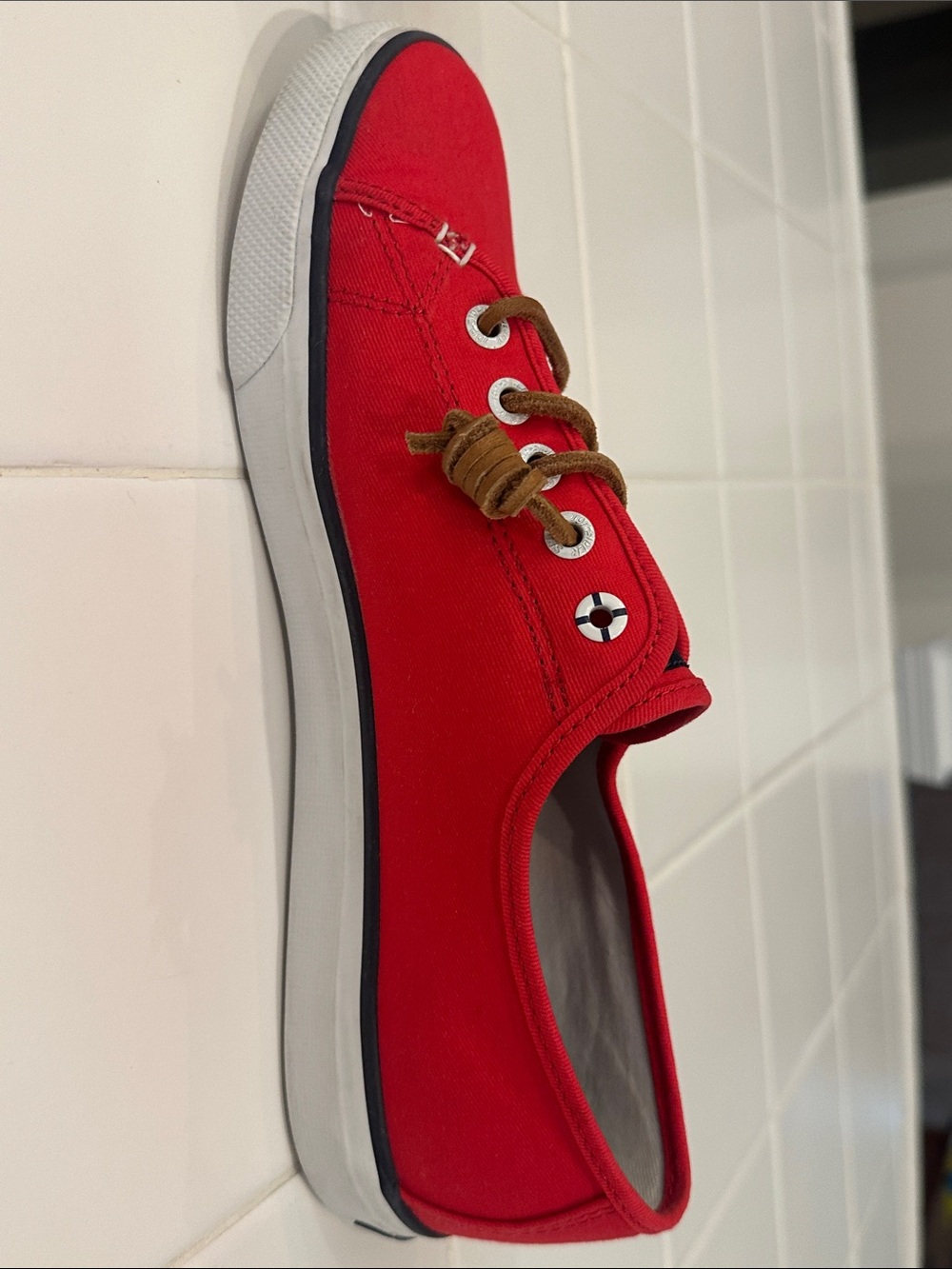 Sperry Red Canvas Boat Shoes with leather Laces - Picture 8 of 8